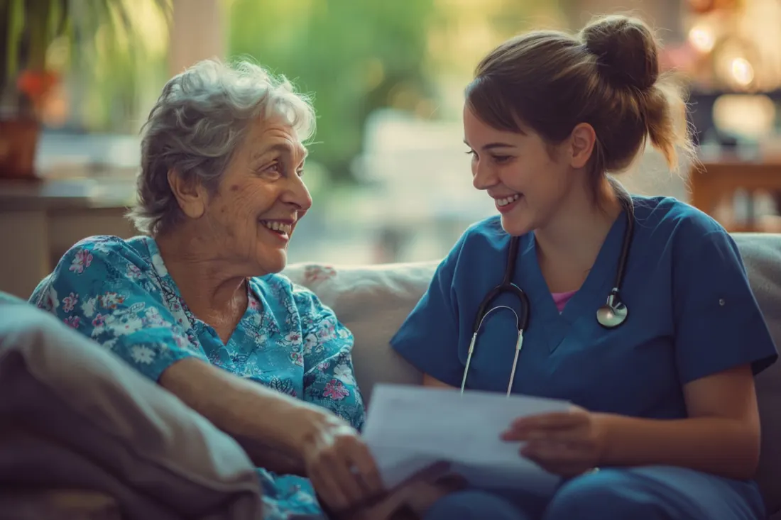ممرضة تتحدث مع سيدة مسنة وكلتاهما تبتسم